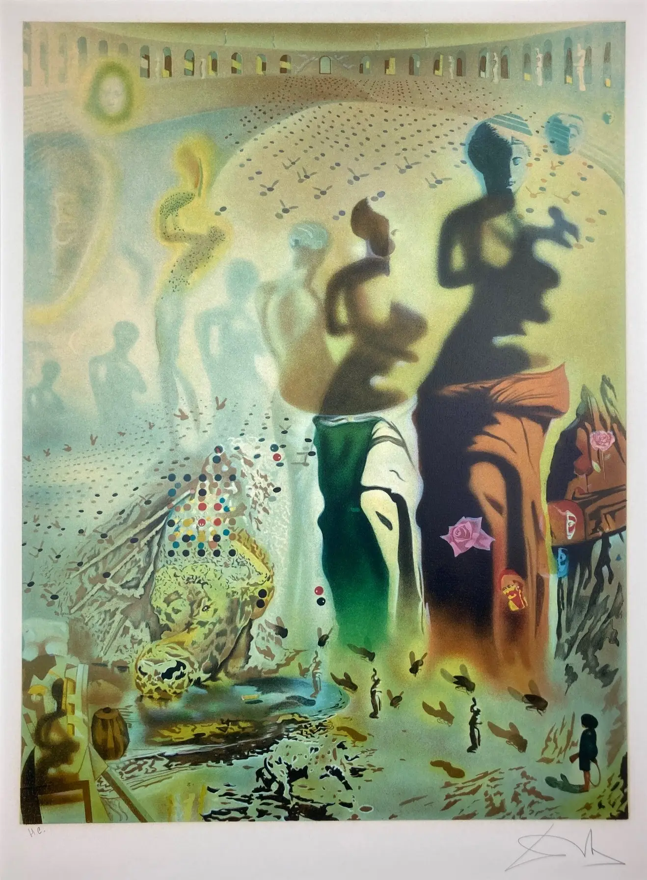 Salvador Dalí's print 'Hallucinogenic Toreador,' featuring a surreal composition with vivid colors, abstract shapes, and dreamlike imagery, showcasing Dalí's unique style that blends reality and fantasy.